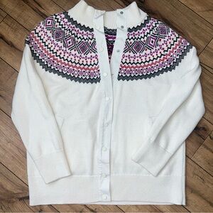 Sz Large Talbots Cardigan Sweater White Cotton Blend, Snaps In Front Mock Neck